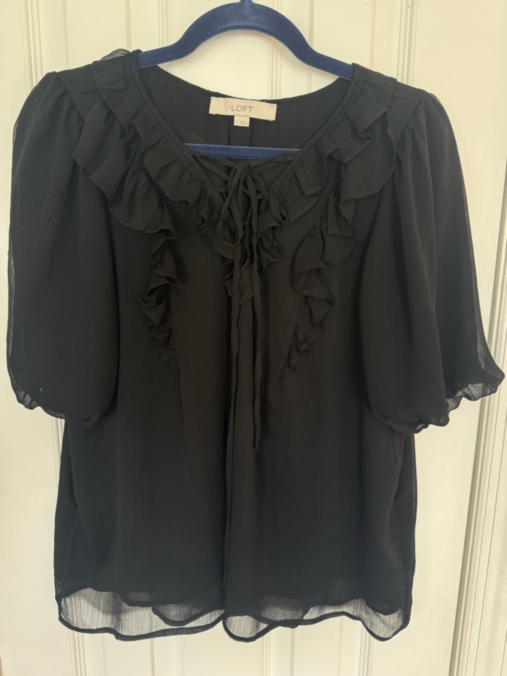 LOFT Black Ruffle Lace-Up Sheer Gauzy Blouse Size Large